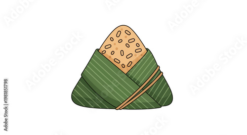 Traditional Chinese Zongzi Dumpling Wrapped in Green Leaves, Isolated