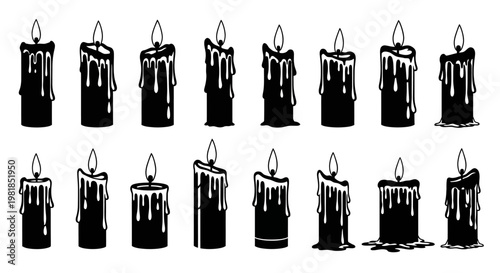 Black candles, burning candles, wax drips, vector icons, candle illustrations, black and white