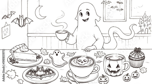 A whimsical ghost enjoying a cozy halloween themed tea party with friends Vector