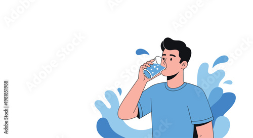 Healthy young man drinking a fresh glass of water with abstract blue splashes in the background for hydration concept.