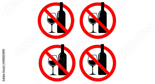 No Drinking, Prohibition, Wine Banned, Alcohol Forbidden, Vector Icons