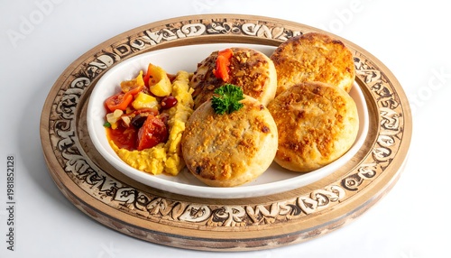 A plate holds pan-fried golden patties, a colorful vegetable mix, and creamy spread on a patterned, wooden serving board