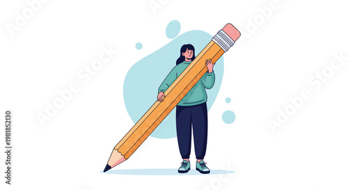 Creative woman standing and holding a giant yellow pencil representing writing, drawing, and artistic inspiration work.