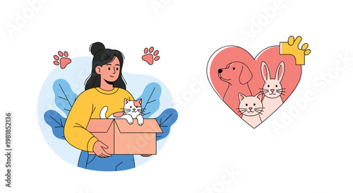 Pet adoption concept with a woman holding a cat in a cardboard box next to a heart containing dog and rabbit symbols.
