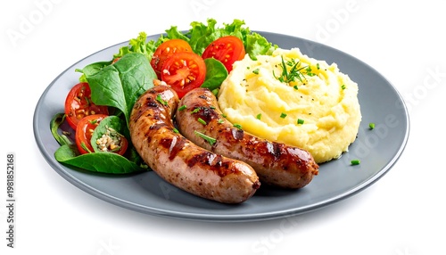 A plated meal featuring grilled sausages, creamy mashed potatoes, fresh tomatoes, and leafy greens. The food is arranged on a gray plate against a white backdrop