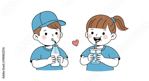Two young children sitting together and drinking milk and water from glasses with straws for healthy growth concept.