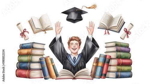 Happy graduate student in academic gown celebrating graduation with flying cap and stacks of books watercolor illustration