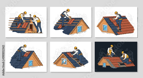 Set of professional roofers installing ceramic tiles on various house roofs using ladders and safety tools concept.