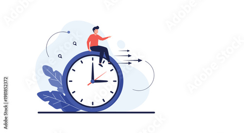 Man sitting on top of a giant analog clock with arrows moving forward to represent speed and time management concept.