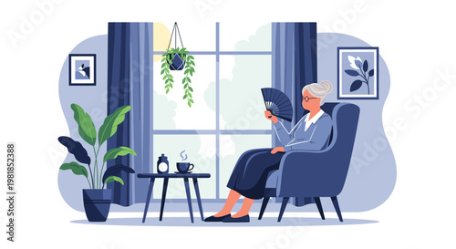 Senior woman sitting in a blue armchair using a traditional hand fan to cool down in a living room on a hot summer day.