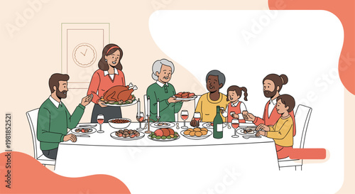 Diverse family members sitting at a large dinner table enjoying a festive holiday meal with roast turkey and wine.