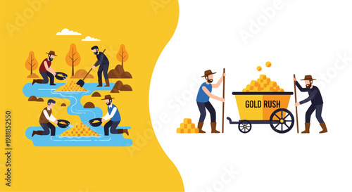 Historical gold rush scenes showing miners panning for gold in a river and transporting nuggets in a wooden cart.