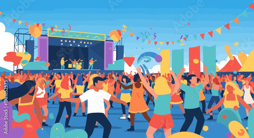 Vibrant Outdoor Music Festival Crowd Dancing with Stage