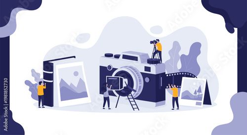 Creative team of tiny people working with a giant vintage photo camera and film reels to produce professional media.