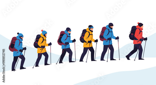 Line of hikers wearing winter gear and using trekking poles to walk across a snowy mountain slope during an expedition.