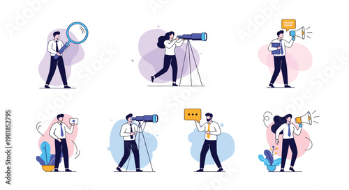 Set of business people using search tools like magnifying glasses and telescopes to find information and opportunities.