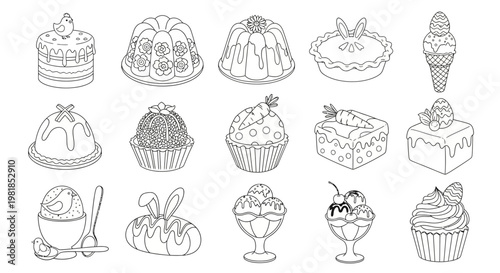 Dessert icons, sweet treats, food illustrations, 20 line drawings, black and white