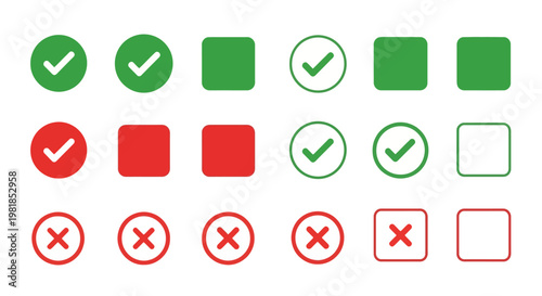 Checkmark icons, green and red checkbox symbols, approved and rejected marks, vector set