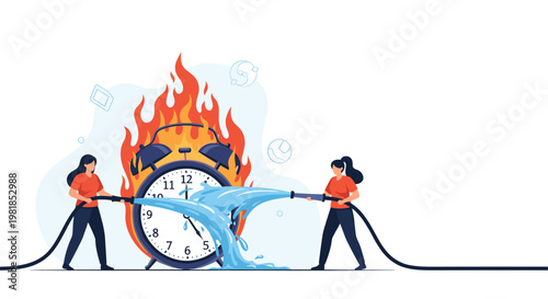 Two women using fire hoses to spray water on large burning alarm clock symbolizing time management and deadline pressure.