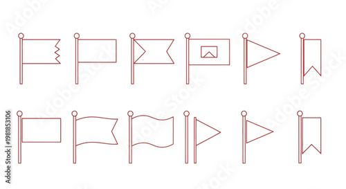 Red flag icons, banner flags, ribbons, and pennants set, vector graphics