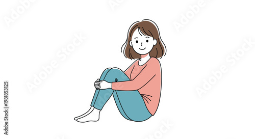 Young woman with brown hair sitting on ground hugging her knees and smiling while wearing casual peach colored sweater.