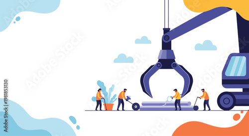 Industrial construction scene featuring large mechanical claw crane and workers moving heavy pipes for infrastructure project.