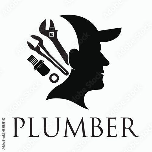Plumber Silhouette Head with Tools Inside Cap on White Background plumbing service