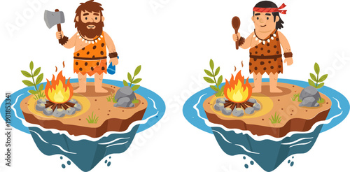 Prehistoric Cave People Icon Set Featuring Caveman with Axe, Fire, and Tribal Attire for Ancient, Adventure, and History Illustrations