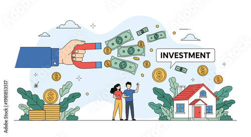 Giant magnet in hand attracting dollar bills and coins from the air representing high return on financial investments.