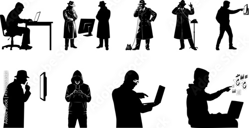 Collection of various silhouettes depicting detectives, hackers, and cybercriminals engaged in different activities.