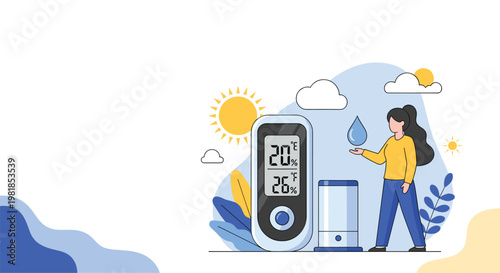 Woman standing next to large digital thermostat display showing temperature and humidity levels for smart home climate control.