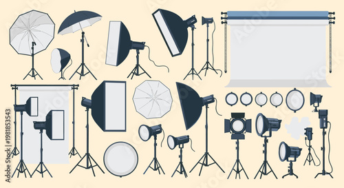 Extensive collection of professional photography studio gear including various lights softboxes reflectors and backdrops.