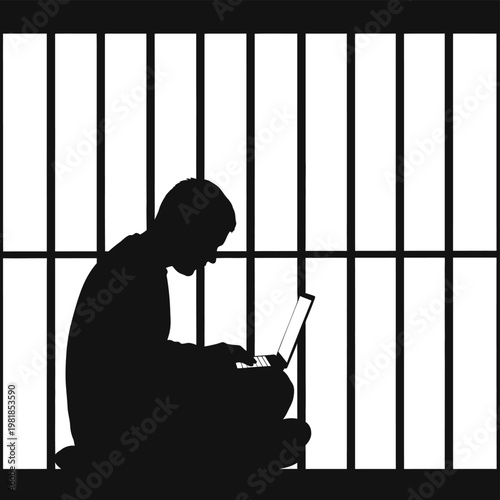 Silhouette of a man working on laptop in prison. concept of hacker, cybercrime, and illegal online activity.