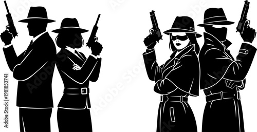 Silhouettes of male and female secret agents or detectives with guns. concept of spy, espionage, and law enforcement.