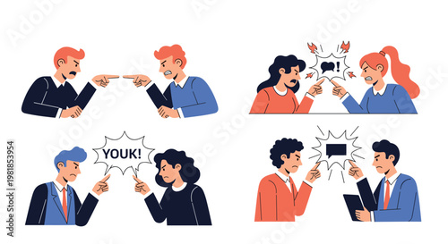 Set of four illustrations showing pairs of men and women arguing shouting and pointing fingers at each other in conflict.