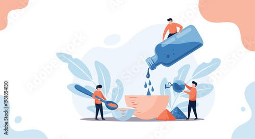 Miniature people working together to prepare pharmaceutical formula by pouring liquid from large bottle into mixing bowl.