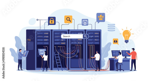Network engineers managing data center infrastructure with large server racks and digital security icons for cloud computing safety.
