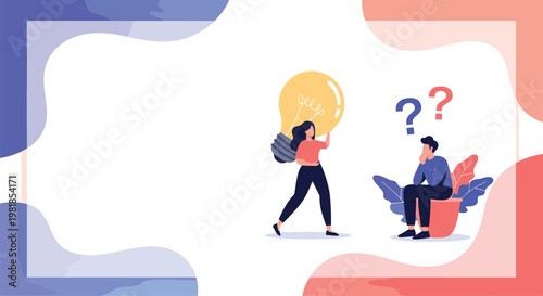 Creative woman bringing bright idea lightbulb to confused man sitting with question marks to help solve complex business problem.
