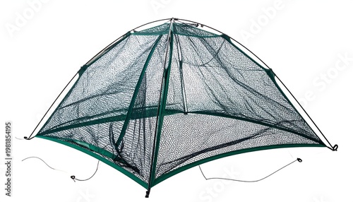 A portable, dome-shaped mosquito net featuring a dark green mesh stretched over a metal frame. It rests on a white background