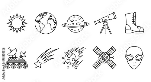 Space icons, astronomy symbols, 10 line art graphics, space exploration illustrations, black and white vector set