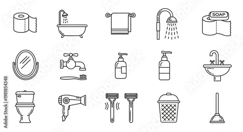 Bathroom icons, toiletries, plumbing, and hygiene symbols, 16 vector graphics
