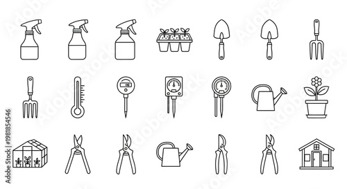 Gardening tools and icons, 20 line art illustrations, gardening equipment set, black and white vector graphics