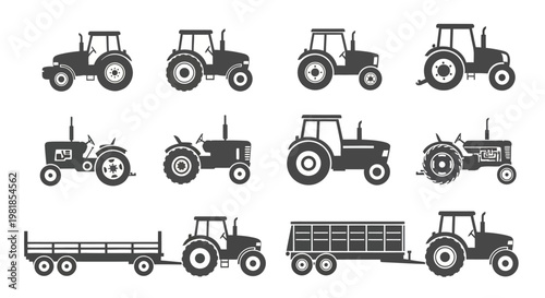 Tractor, farm tractor, agricultural tractor, vector icons, 12 tractor icons, farming vehicles