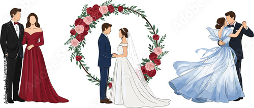 Romantic Wedding Icon Set Featuring Couple in Wedding Dress, Tuxedo, and Flower Garland for Marriage, Romance, and Celebration Illustrations
