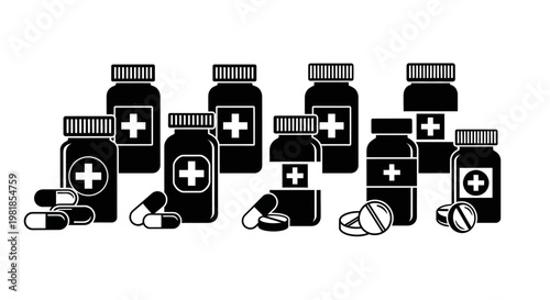 Medical bottles, pill containers, and capsules, pharmaceutical icons, health symbols, black and white vector graphics