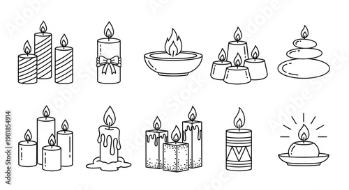 Candle icons, burning candles, wax lights, line art illustrations, black and white