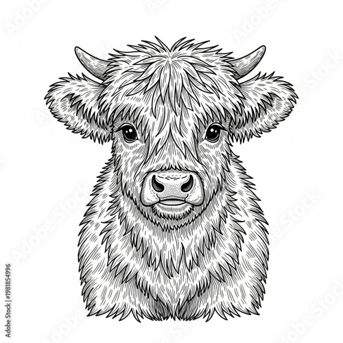 A black and white illustration of a Highland cow's head with a shaggy coat and horns on a white background