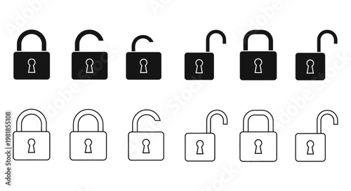 Padlock icons, lock symbols, security signs, 10 graphic elements, black and white