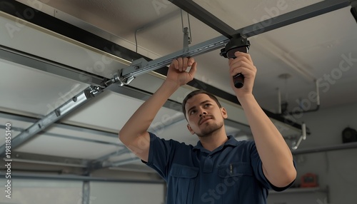 A skilled male technician or handyman is diligently working to repair a residential garage door opener mechanism.