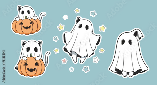 Cute halloween themed cats and ghostly friends in a whimsical illustration Vector